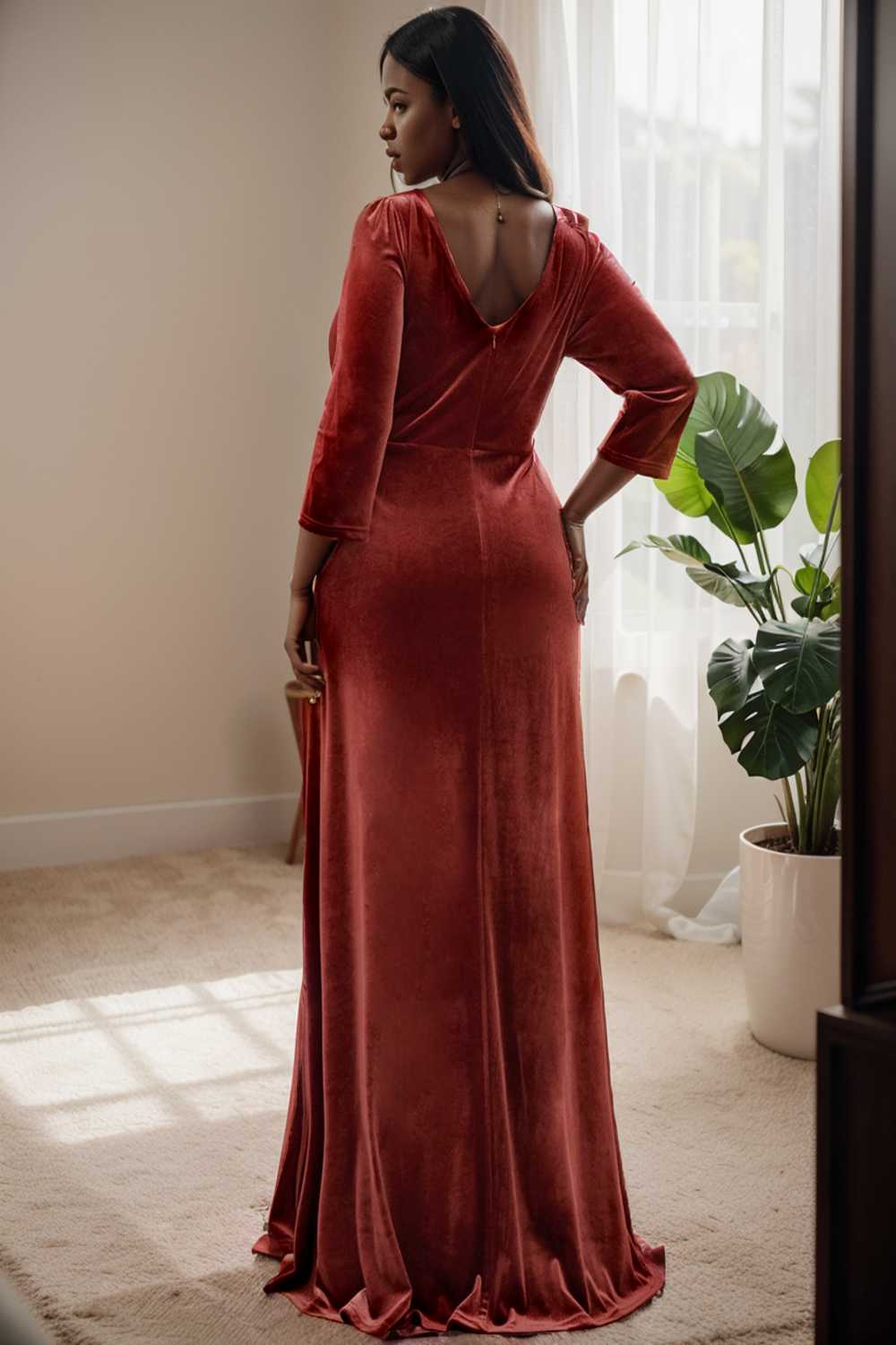 velvet 3 4 length sleeve illusion v neck front slit evening dress