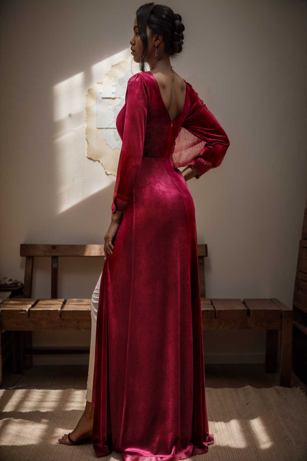 velvet 3 4 length sleeve illusion v neck front slit evening dress