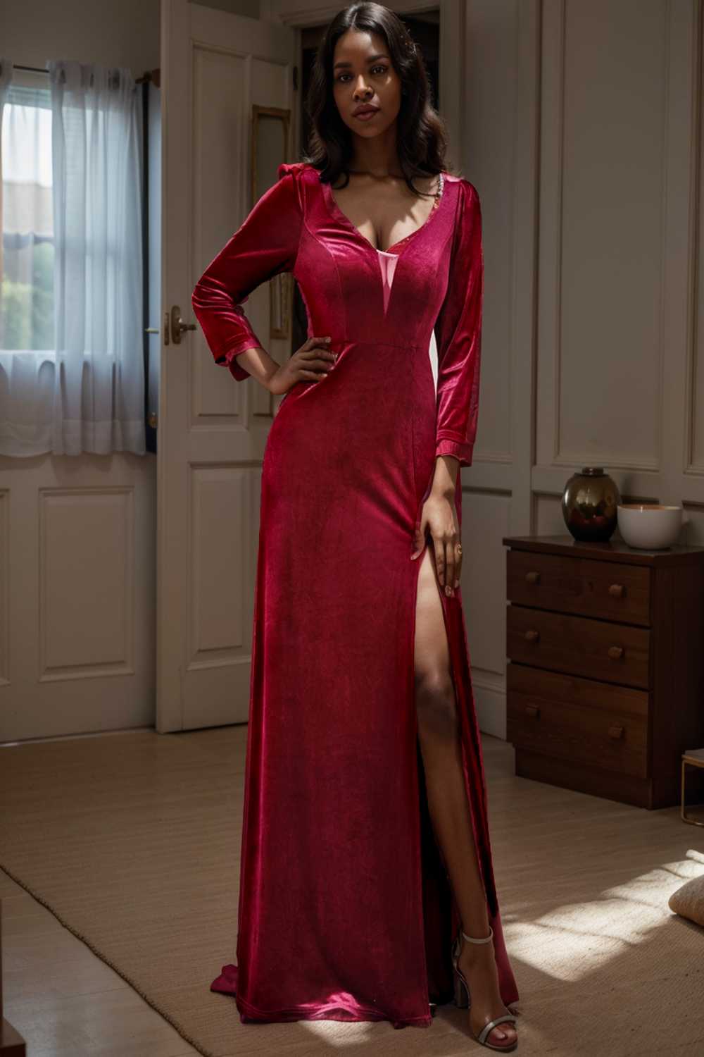 velvet 3 4 length sleeve illusion v neck front slit evening dress