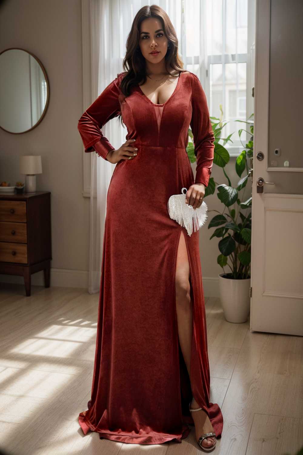 velvet 3 4 length sleeve illusion v neck front slit evening dress