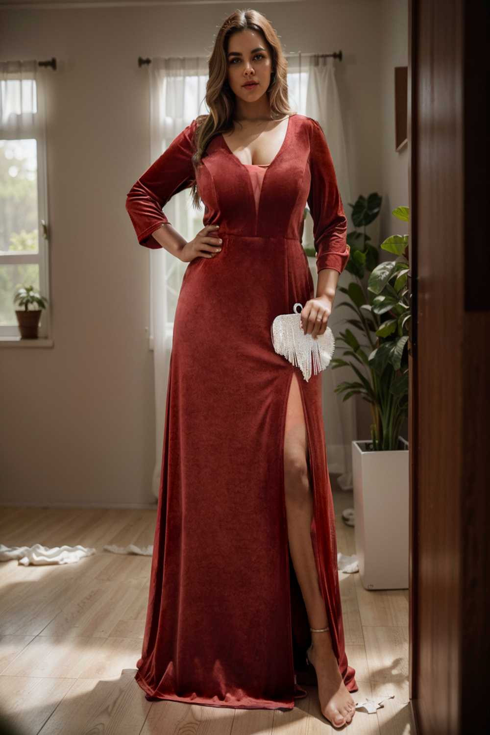 velvet 3 4 length sleeve illusion v neck front slit evening dress