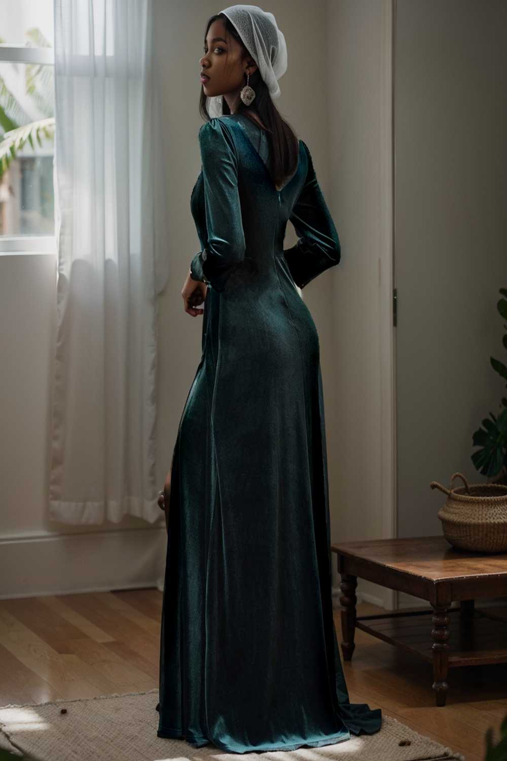 velvet 3 4 length sleeve illusion v neck front slit evening dress