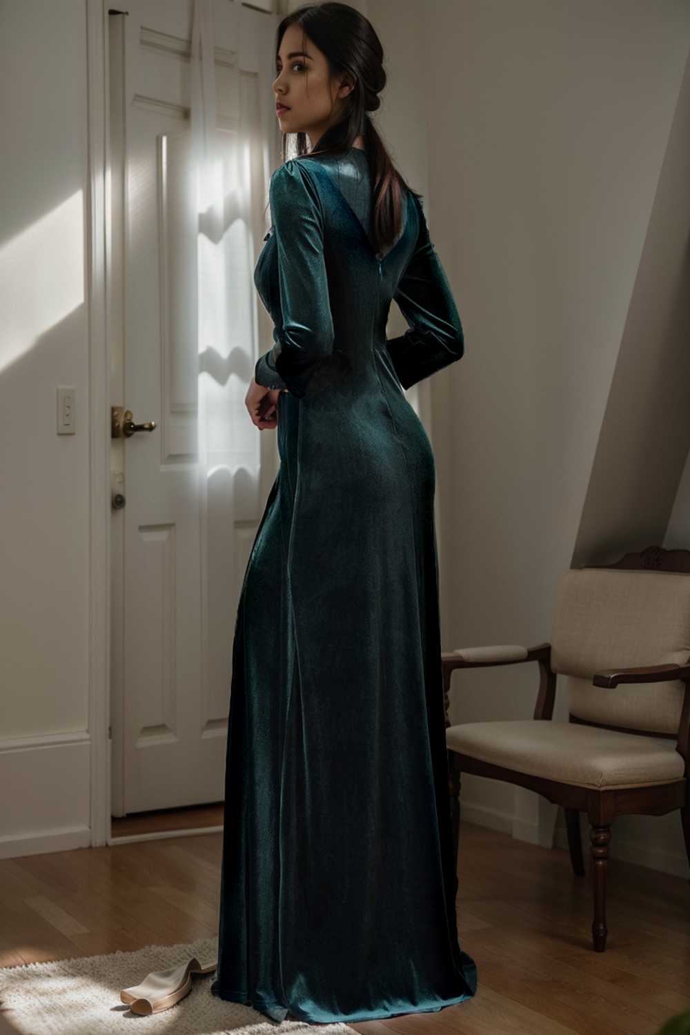 velvet 3 4 length sleeve illusion v neck front slit evening dress