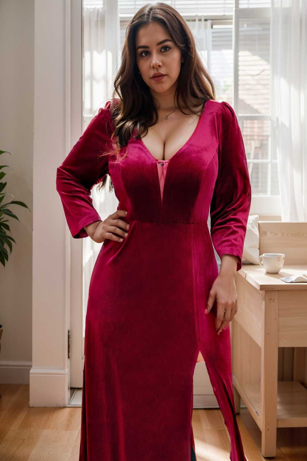 velvet 3 4 length sleeve illusion v neck front slit evening dress