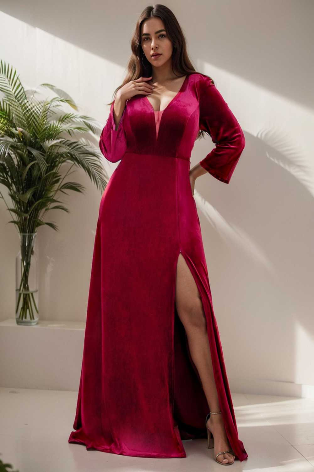 velvet 3 4 length sleeve illusion v neck front slit evening dress