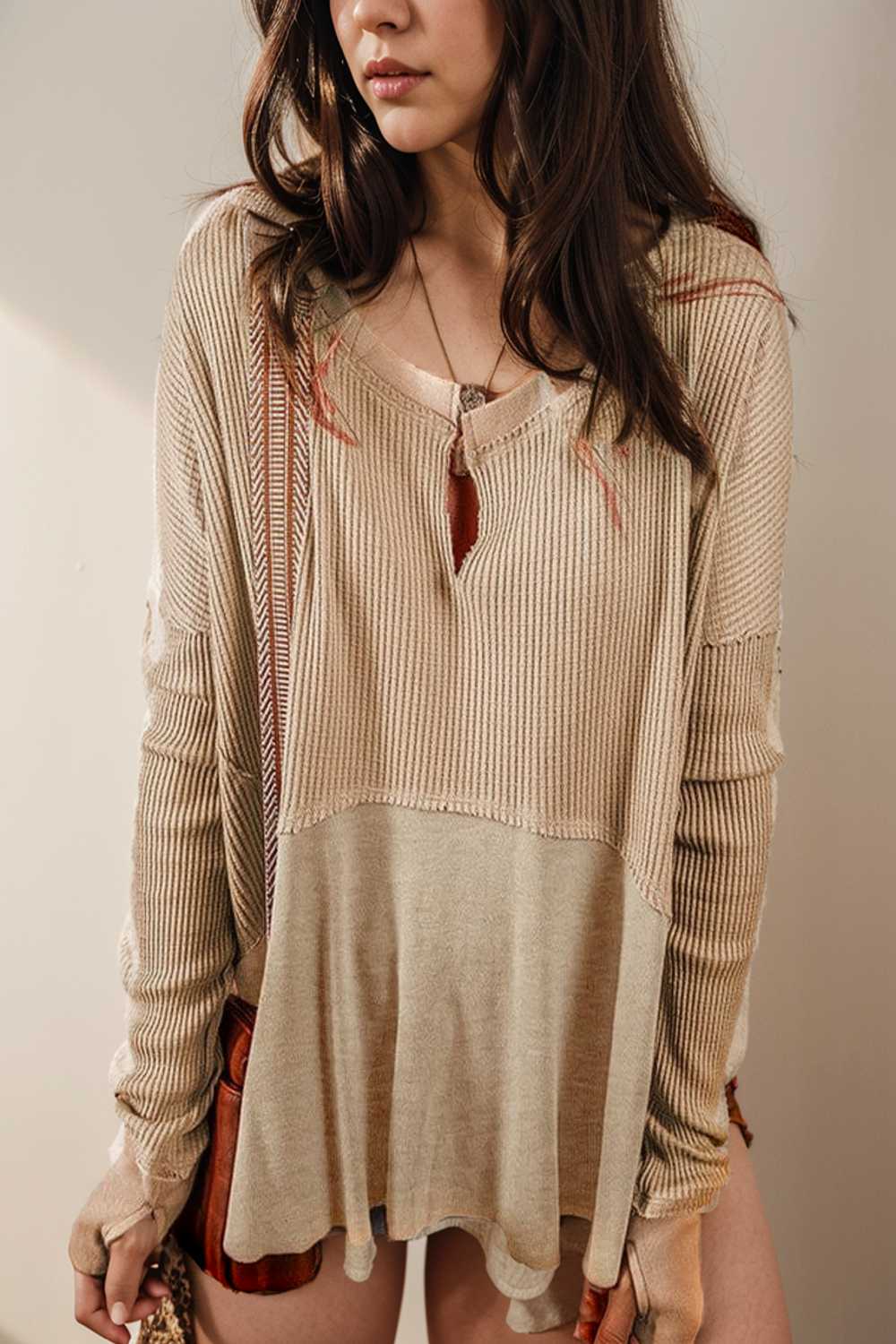 versatile waffle texture v neck pullover sweatshirt for women