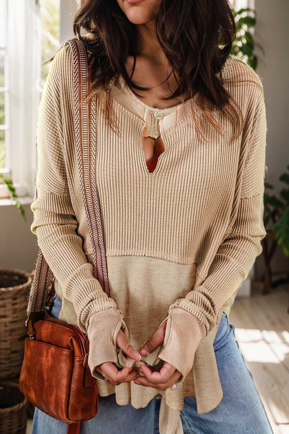 versatile waffle texture v neck pullover sweatshirt for women