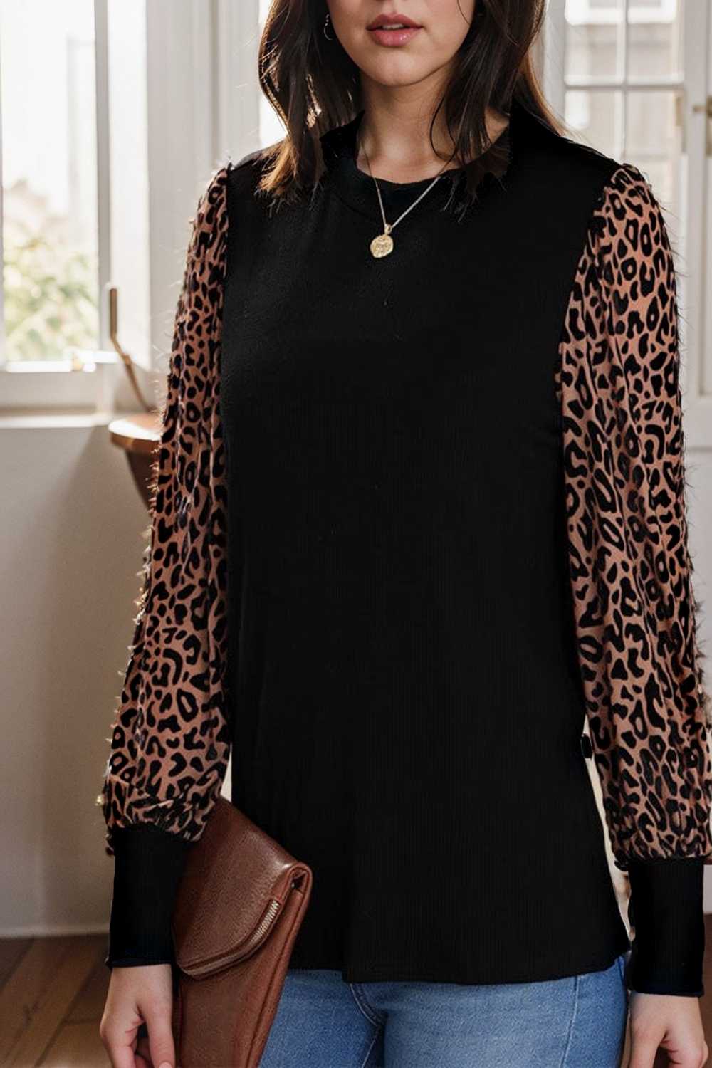 women s loose fit leopard print knit pullover with round neck and casual style top
