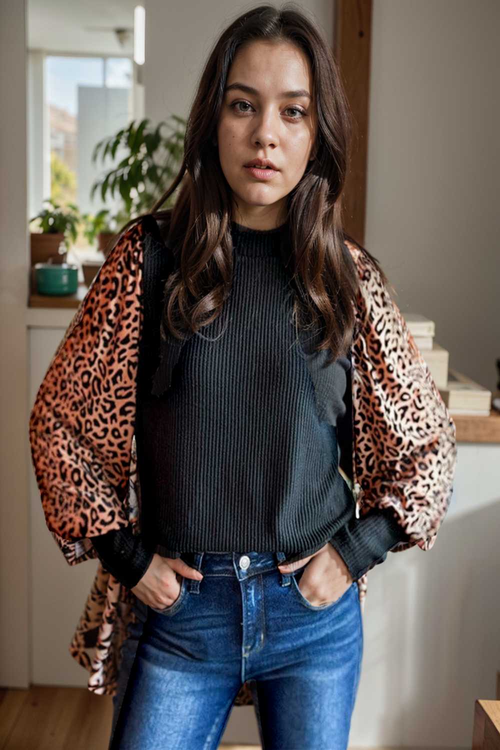 women s loose fit leopard print knit pullover with round neck and casual style top