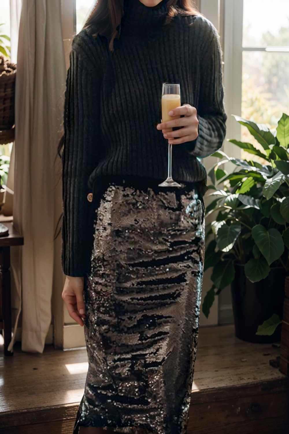 women s skirts sequined skinny slit midi skirt